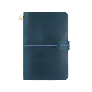 Detalle de cuaderno de viaje de cuero, cubierta azul oscura con banda elástica y latón.