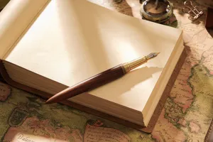 Vintage genuine leather notebook with wooden fountain pen, blank pages, retro journal.