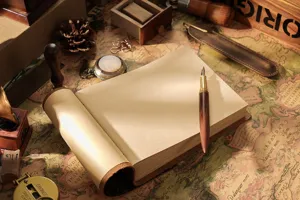 Vintage genuine leather notebook sketchbook with wooden fountain pen for writing and art sketching.