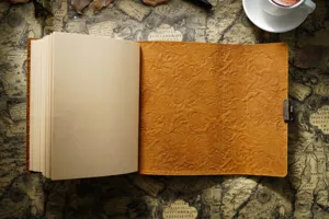 Vintage Echtleder Notizbuch Detailansicht mit alter Textur, unbeschriebenes Papier und Schloss.
