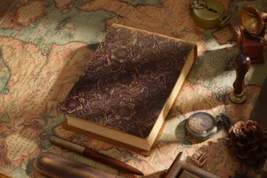 Vintage embossed genuine leather notebook, handmade vintage diary and sketch book detail view.