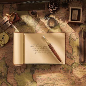 Detailed close-up shot of handmade vintage leather notebook diary with retro map scene.
