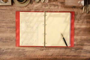 Taccuino vintage in vera pelle A4 con anelli e pagine in stile registro retrò per scrivere.