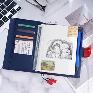 Echter Leder A6 Notizbuch Planer Hülle Litchi Muster blaue Organizer mit Kartenfächern.