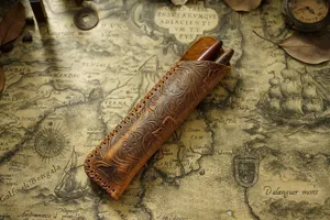 Handmade vintage carved cowhide leather pen sleeve protective case for fountain pens tea knives.