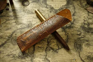 Vintage embossed cowhide pen case handmade leather pen holder tea knife protective cover detail