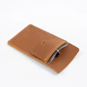 Leather pocket protector detail shot, brown nurse pen pouch for lab coat pocket storage.