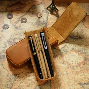 Handmade Vintage Crazy Horse Leather Pencil Case Magnetic Drawer Pen Storage Box For Office And School Stationery