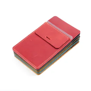 Detail shot showing stacked leather pocket protectors in multiple vibrant colors and durable texture.