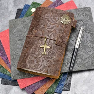 Vintage Fait Main Cuir Véritable Journal de Voyage Carnet Floral Gaufré Agenda Format Passeport Écriture Quotidienne Cadeau