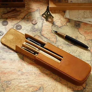 Vintage Crazy Horse Leather Pen Case 3-Slot Magnetic Drawer Fountain Pen Storage Box