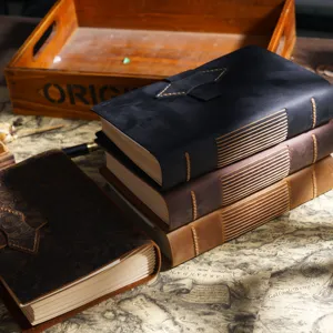Handmade genuine leather A5 vintage journal notebook with retro stitched design for daily writing