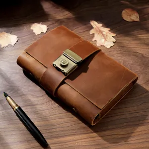 Vintage Genuine Leather A6 Loose-Leaf Notebook Diary Journal With Combination Lock Embossed Cover Lined Grid Blank Kraft Inner Pages