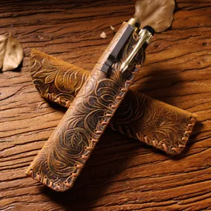 Handmade vintage genuine leather pen sleeve retro carved fountain pen holder protector