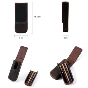 Crazy horse leather 3-pen case vintage magnetic drawer fountain pen storage box 16.5x7x3cm