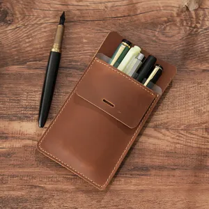Genuine leather pen sleeve pocket organizer for nurse and doctor, brown portable pen pouch.