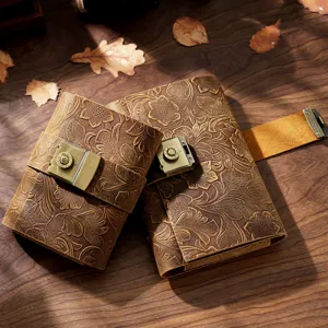 Handmade genuine leather retro notebook with combination lock, vintage floral embossed journal diary.