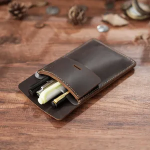 Genuine leather pen pouch nurse doctor pocket protector portable dark brown leather pen case holder