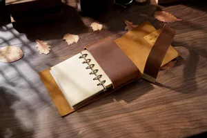 Vintage leather journal detail shot featuring brass rings and rustic brown crazy horse cover.
