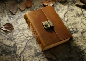 Antikes Leder Notizbuch mit Zahlenschloss und historischem Kartenhintergrund fur Tagebuch.