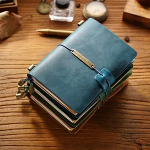 Vintage genuine leather travelers notebook set, handmade retro diary journal for daily writing.