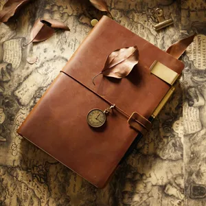 Carnet de notes vintage en cuir marron avec pendentif horloge métallique et pince marque-page.