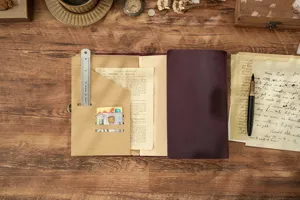 Detailansicht des Vintage-Leder-Reisetagebuchs mit mehreren Kartenfächern und Rezepteinlage.