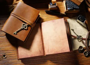 Primo piano del diario da viaggio in pelle vintage con ciondolo chiave antica e carta rustica.