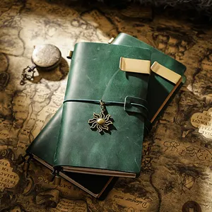Vintage green leather traveler's notebook handmade cowhide journal planner with brass clips.