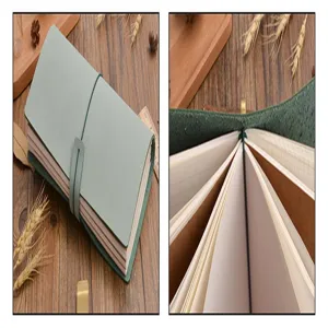Dettaglio in primo piano di taccuino di viaggio in pelle verde con elastico e pagine interne.