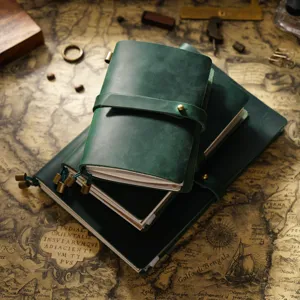 Ensemble de carnet en cuir vert foncé avec fermeture à lanière sur carte vintage détail