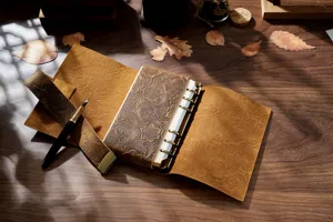 Handmade genuine leather A6 loose-leaf vintage notebook journal sketch diary book detail view.