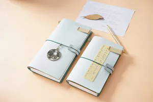 Quaderno da viaggio in pelle vintage con segnalibro in ottone, diario retro per scrittura quotidiana.