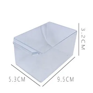 Clear plastic mini desktop storage box detail view showing compact dimension measurements