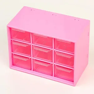 Pink desktop 9-grid storage box with clear drawers for dorm organization and small items.