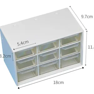 Desktop 9-grid clear drawer storage box, white plastic classified organizer for dorm.