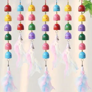 Cartoon Smiley Face Metal Bell Wind Chime Hanging Pendant Multi Tier Feather Ornament Home Outdoor Decor