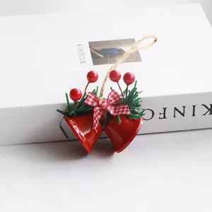 Christmas double bell hanging ornament with red berries and bow for holiday tree DIY decor