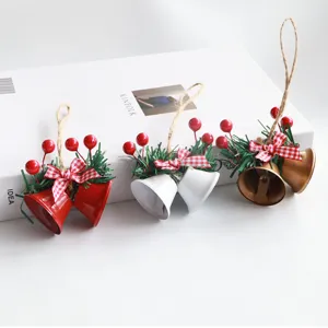 Christmas iron bell ornament set, red white gold bells with pine needles and bows for tree decor.