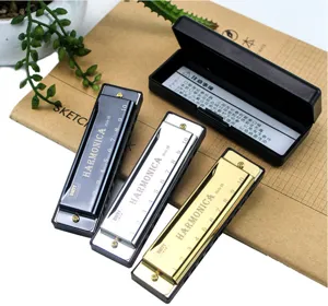 Detailaufnahme von 10-Loch Blues Mundharmonikas in Schwarz, Silber und Gold mit Etui.