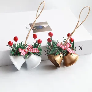 Christmas bells hanging ornaments DIY tree decoration with red berries and bow set of 2