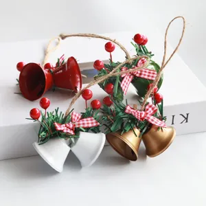 Christmas metal bells set DIY tree hanging ornaments with pine cones bows holiday party decor