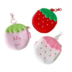 Cute strawberry plush coin purse with keychain, soft mini storage bag for daily use.