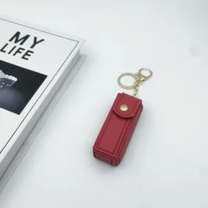 Red leather lipstick holder keychain portable makeup bag charm cute mini purse accessory