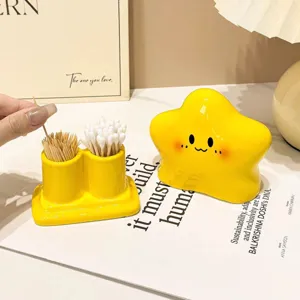 Niedlicher Stern Keramik Zahnstocherhalter Wattestäbchen Aufbewahrungsbox Cartoon Smiley Gesicht Desktop Organizer Deko