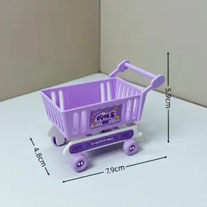 Miniature plastic shopping cart toy detail, purple and white trolley model with sizes.