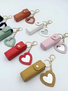 PU Leather Lipstick Holder Keychain Portable Mini Lipstick Pouch With Heart Mirror Makeup Storage Bag Key Ring