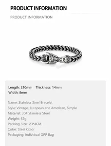Specifications of a vintage stainless steel dragon head bracelet for men on white background.
