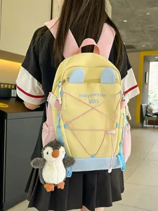 Große Kapazität Nylon Schulrucksack Kontrastfarbe Schultasche Mit Pinguin Plüsch Anhänger Für Studenten Damen Tagesrucksack