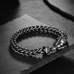 Vintage stainless steel dragon head bone chain bracelet for men in retro silver